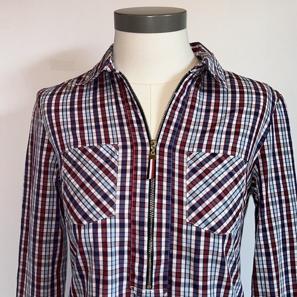 Tommy Hilfiger Red White Blue Plaid 1/2 Zip Pull Over Cotton Blouse Women’s XSTP - Picture 3 of 11
